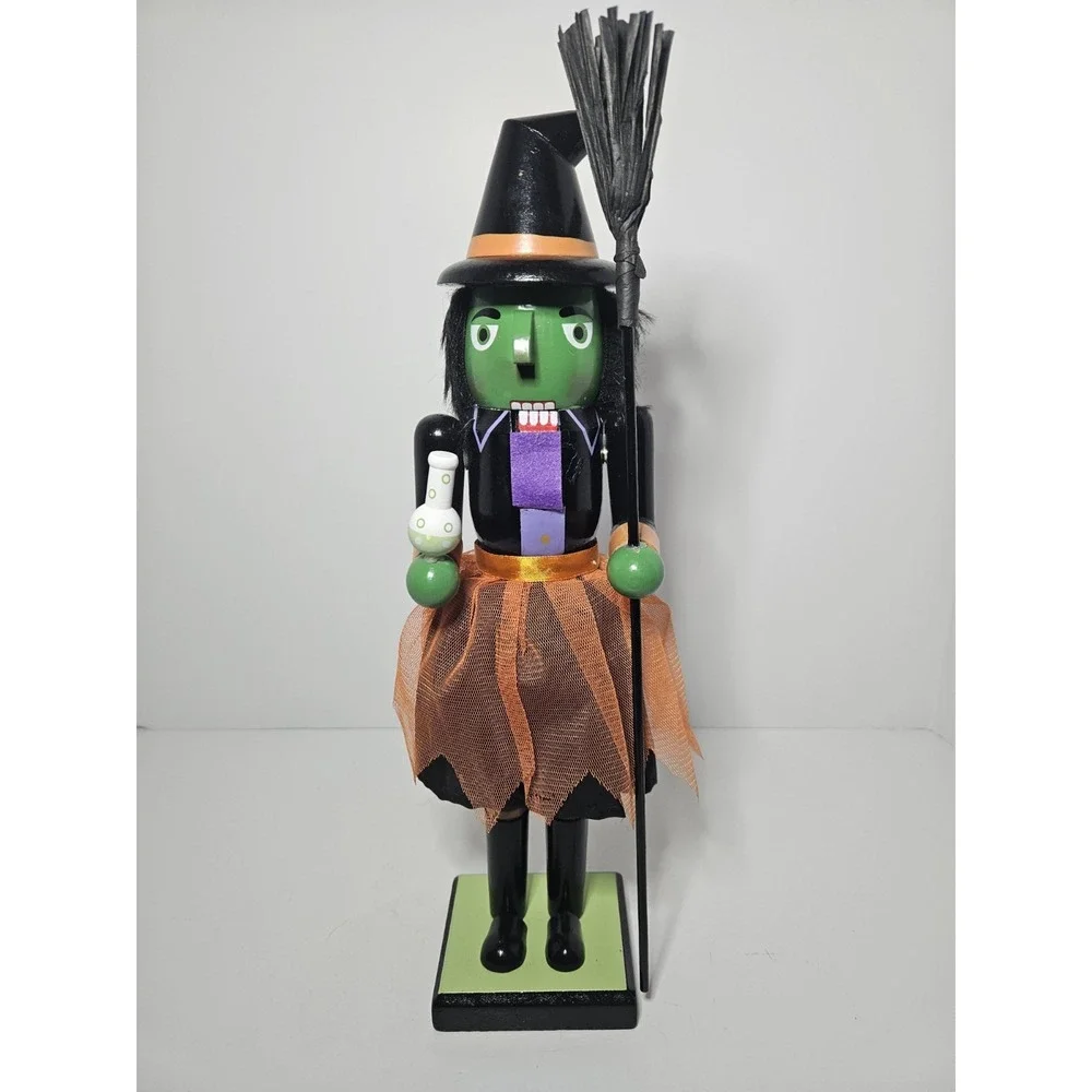 Queenswell Halloween Witch Nutcracker Wooden Figurine Green Face Broom 12in